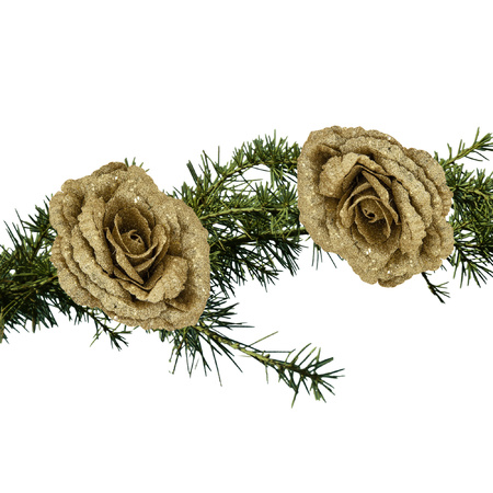 2x stuks kerstboom decoratie bloemen roos goud glitter op clip 18 cm