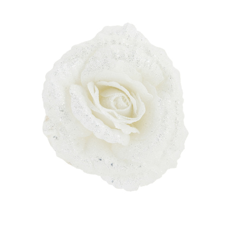 2x stuks kerstboom decoratie bloemen roos wit glitter op clip 18 cm