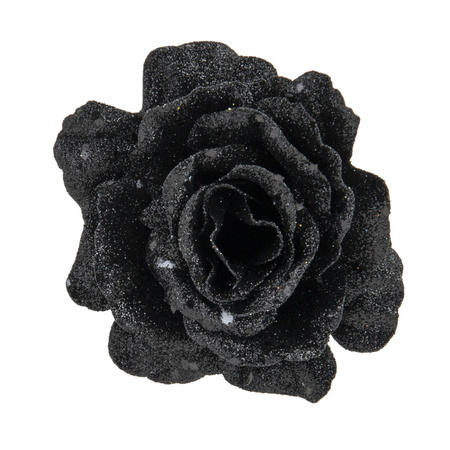 2x stuks kerstboom decoratie bloemen roos zwart glitter op clip 10 cm