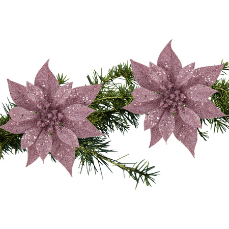 2x stuks kerstboom decoratie bloemen roze glitter op clip 18 cm