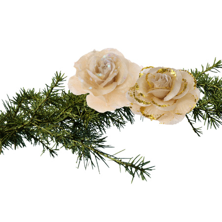 2x stuks kerstboom decoratie bloemen rozen goud op clip 9 cm
