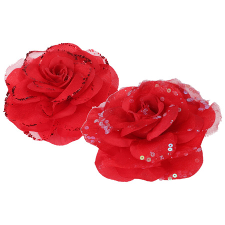2x stuks kerstboom decoratie bloemen rozen rood op clip 9 cm