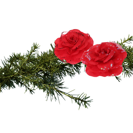 2x stuks kerstboom decoratie bloemen rozen rood op clip 9 cm