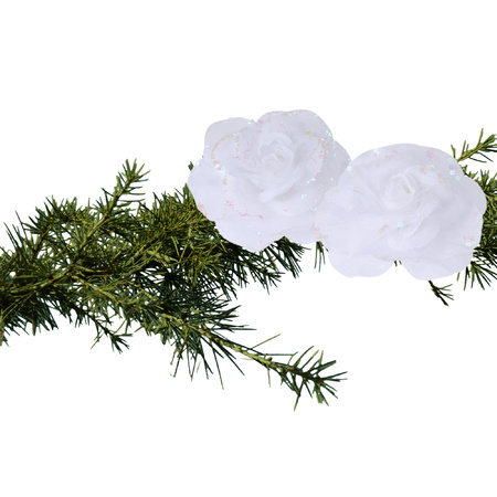 2x stuks kerstboom decoratie bloemen rozen wit op clip 9 cm