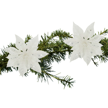 2x pcs christmas decoration flowers on clips white glitter 15 cm