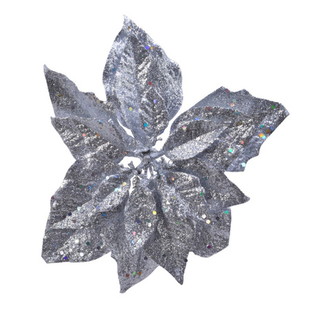 2x stuks kerstboom decoratie bloemen zilver glitter op clip 23 cm