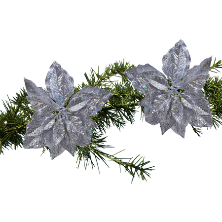 2x pcs christmas decoration flowers on clips silver glitter 23 cm