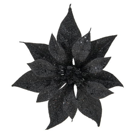2x christmas decoration flowers on clips black glitter 18 cm