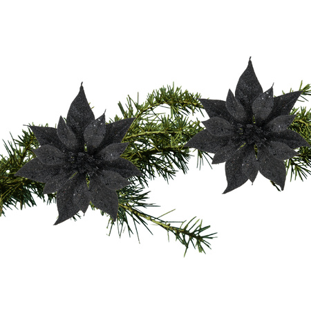 2x christmas decoration flowers on clips black glitter 18 cm