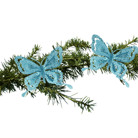 2x stuks kerstboom decoratie vlinders op clip glitter blauw 14 cm