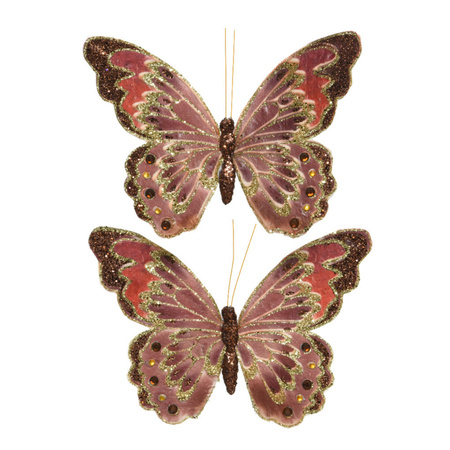 2x stuks kerstboom decoratie vlinders op clip glitter bruin 18 cm