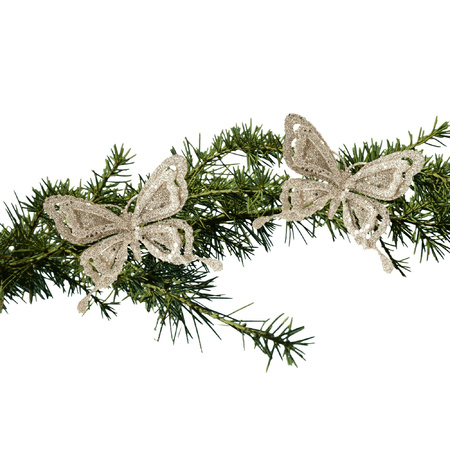 2x pcs christmas decoration butterflies on clips glitter champagne 14 cm