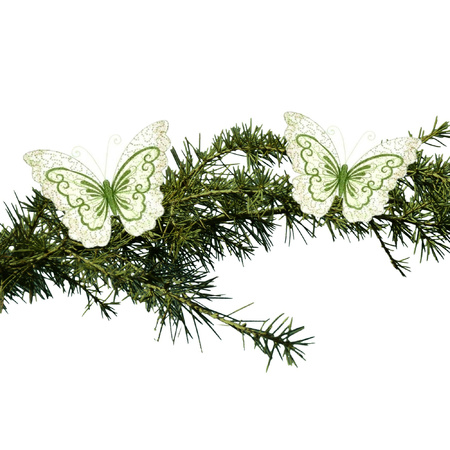 2x stuks kerstboom decoratie vlinders op clip glitter groen 34 cm