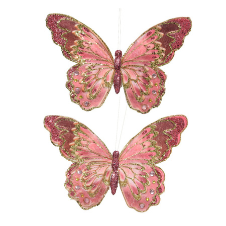 2x stuks kerstboom decoratie vlinders op clip glitter roze 18 cm