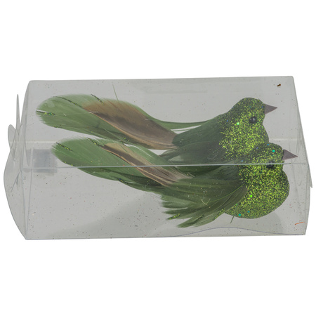 2x christmas decoration birds on clips glitter green 11 cm
