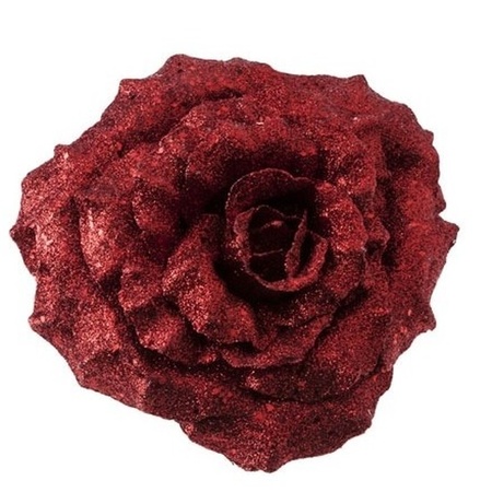2x stuks kerstboomversiering bloem op clip rode glitter roos 18 cm