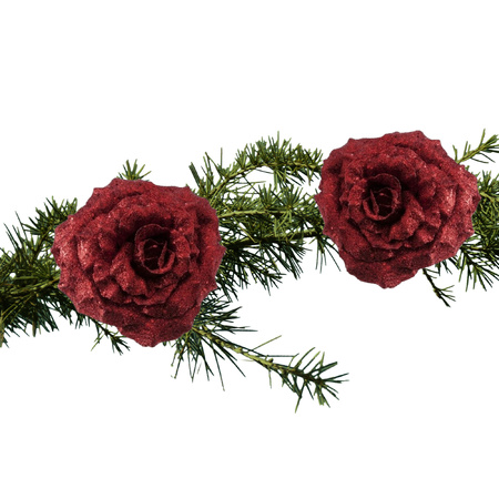 2x stuks kerstboomversiering bloem op clip rode glitter roos 18 cm