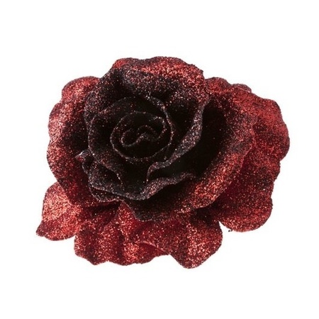 2x pcs christmas tree deco dark red glitter roses on clip 10 cm