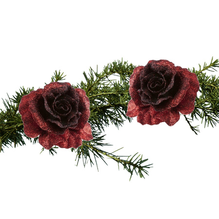 2x stuks kerstboomversiering bloemen op clip donkerrood glitter 10 cm