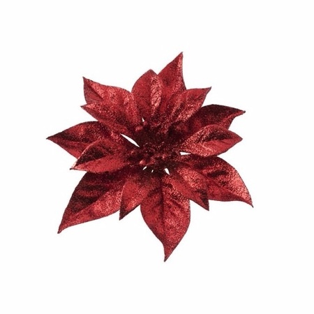 2x stuks kerstboomversiering bloemen op clip rode kerstster 18 cm