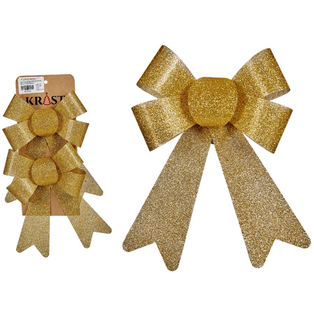 Krist+ kerstboomversiering kleine strikjes - 2x st - gouden glitters 15 x 17 cm