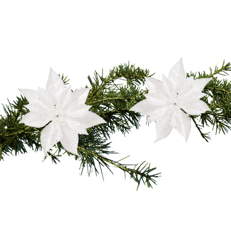 2x stuks kerstboomversiering kunstbloemen op clip wit 18 cm