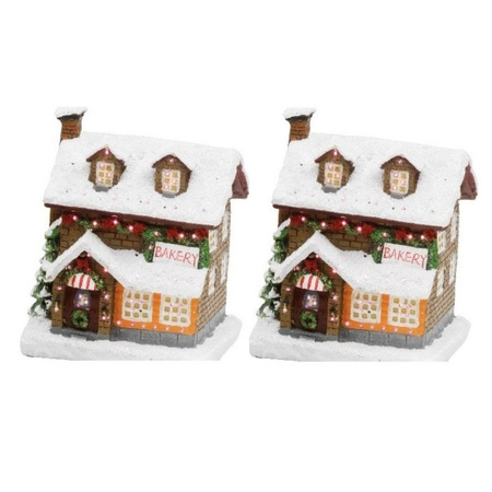 2x stuks kerstdorp kersthuisjes bakkerijen met verlichting 9 x 11 x 12,5 cm