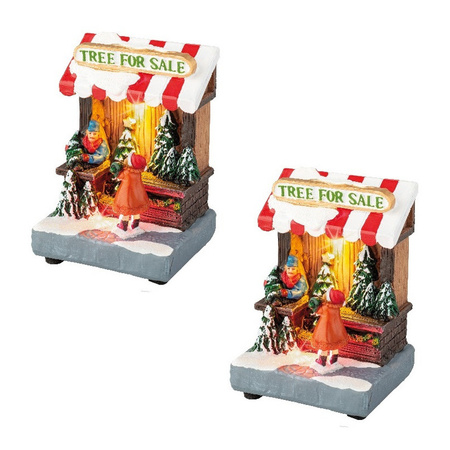 2x stuks kerstdorp kersthuisjes kerstbomen winkeltjes met verlichting 8 x 11 cm