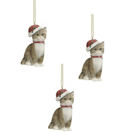 2x stuks kersthangers grijze katten met kerstmuts 9 cm kerstversiering
