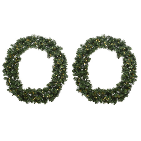 2x stuks kerstkransen/dennenkransen groen met warm witte verlichting en timer 50 cm