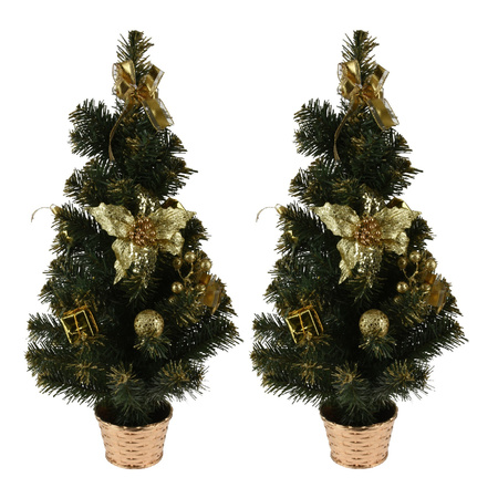 2x stuks kunstbomen/kunst kerstbomen met kerstversiering 60 cm