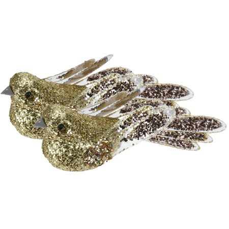 2x stuks kunststof decoratie vogels op clip goud met pailletten 15 cm
