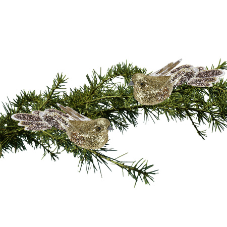 2x stuks kunststof decoratie vogels op clip goud met pailletten 15 cm