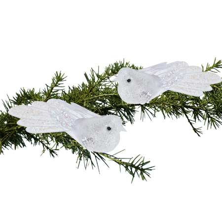 2x stuks kunststof decoratie vogels op clip wit met pailletten 15 cm