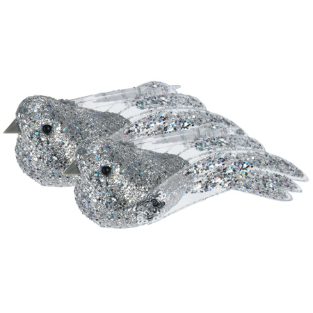 2x stuks kunststof decoratie vogels op clip zilver met pailletten 15 cm