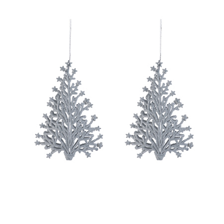 2x pcs plastic christmas tree decoration christmas tree silver glitter 15 cm