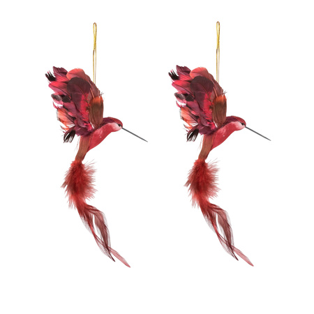 2x stuks kunststof kersthangers kolibrie rood 18 cm kerstornamenten