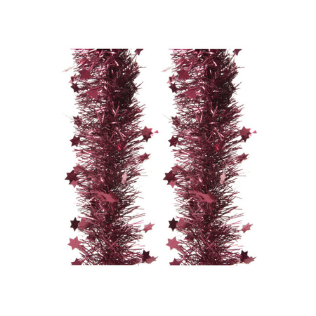 2x stuks lametta kerstslingers met sterretjes framboos roze (magnolia) 270 x 10 cm