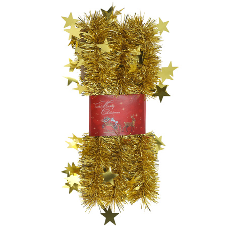 2x stuks lametta kerstslingers met sterretjes goud 200 x 6,5 cm