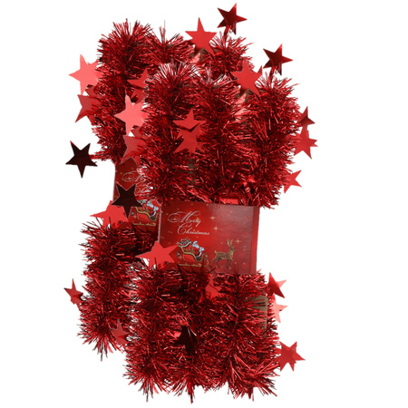2x stuks lametta kerstslingers met sterretjes rood 200 x 6,5 cm