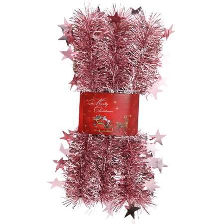 2x stuks lametta kerstslingers met sterretjes roze 200 x 6,5 cm