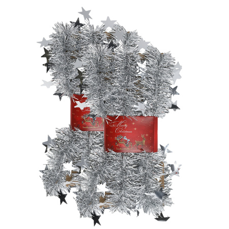 2x stuks lametta kerstslingers met sterretjes zilver 200 x 6,5 cm
