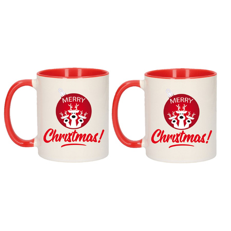 2x pieces merry Christmas gift mugs red Christmas bauble with reindeer 300 ml