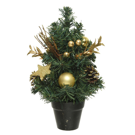 2x pieces mini artificial Christmas trees with gold decoration 30 cm