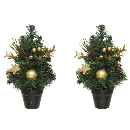 2x pieces mini artificial Christmas trees with gold decoration 30 cm