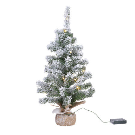 2x pieces artificial Christmas trees green with lights and snow 45 cm