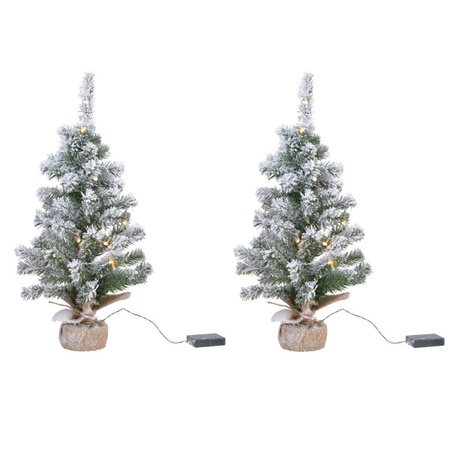 2x pieces artificial Christmas trees green with lights and snow 45 cm