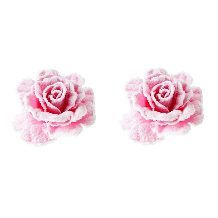 2x pieces pastel pink roses with snow on clip 10 cm