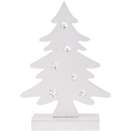 2x stuks kerstdecoratie kerstboom wit hout 28 cm met Led lampjes
