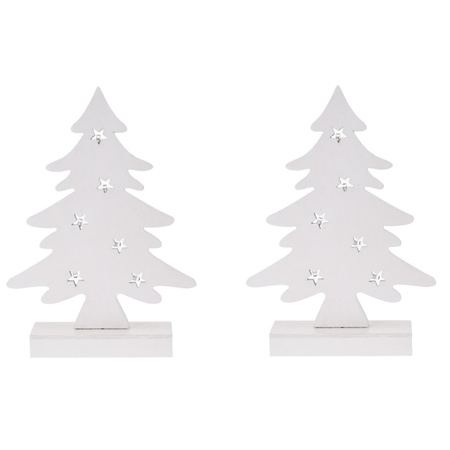 2x stuks kerstdecoratie kerstboom wit hout 28 cm met Led lampjes